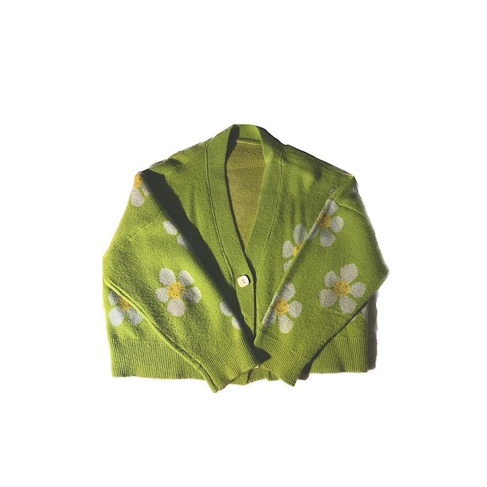 Green Smiley Face Flower Cropped Sweater